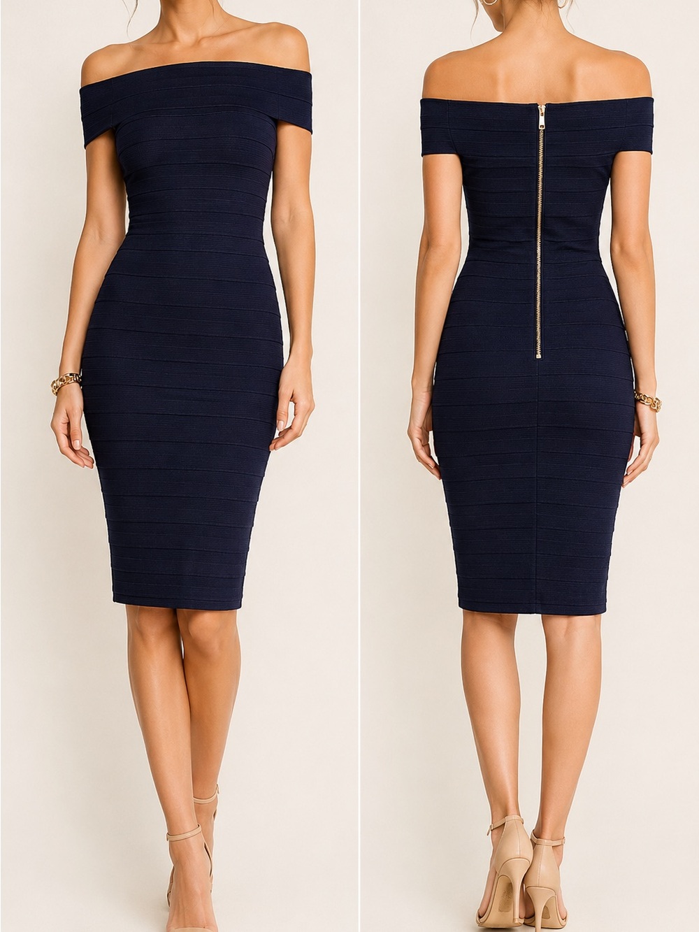 Ted Baker London Bardot Bodycon Navy Off Shoulder Textured Stripe Cocktail Dress